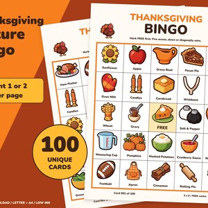 May include: A Thanksgiving Bingo game card featuring a 5x5 grid with colorful illustrations of holiday items like a turkey, pumpkin pie, cornucopia, and gravy boat. The text includes Thanksgiving Bingo, Mark FREE first, and various labels for each icon.