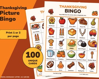 May include: A Thanksgiving Bingo game card featuring a 5x5 grid with colorful illustrations of holiday items like a turkey, pumpkin pie, cornucopia, and gravy boat. The text includes Thanksgiving Bingo, Mark FREE first, and various labels for each icon.