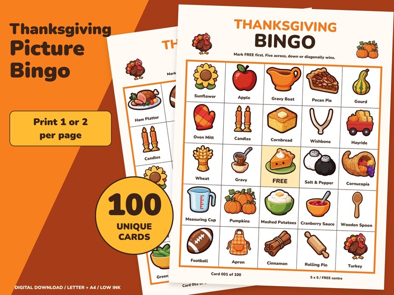 Printbare Thanksgiving Bingo-kaart, 100 afbeeldingen met bingoleiders en markers. afbeelding 1
