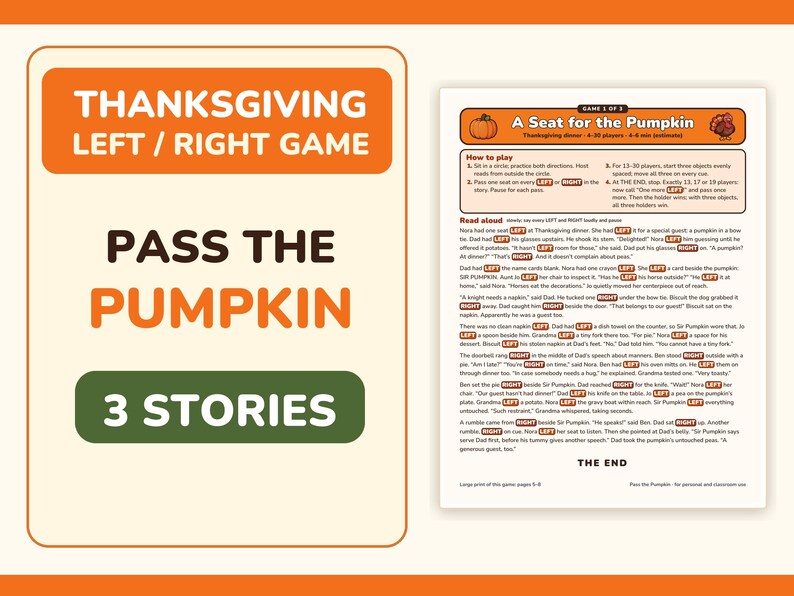 Thanksgiving Left Right Game Printable PDF, 3 Pass the Pumpkin Stories image 1