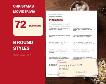 Könnte beinhalten: Ein Weihnachtsfilm-Quiz-Spielblatt mit 72 Fragen in 6 Rundenstilen. Das weiße Papier zeigt den Text Christmas Movie Trivia, Pick a Side und verschiedene filmbezogene Fragen wie Where is Kevin sent to sleep?