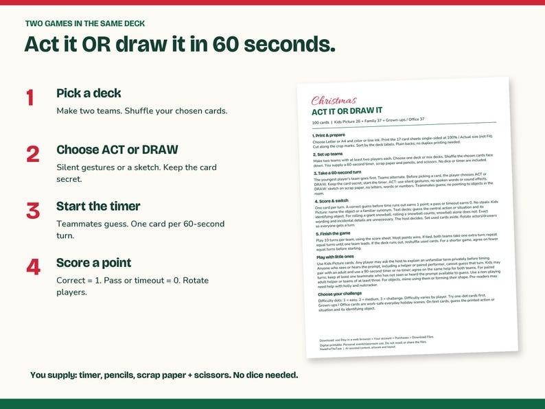 Christmas Charades Printable, Act It or Draw It, 100 Cards in 3 Decks image 4