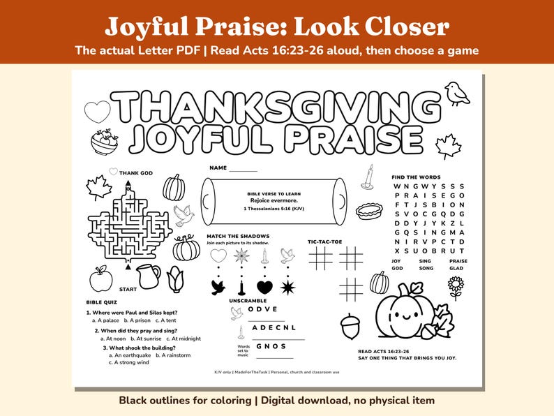 Thanksgiving Bible Activity Placemats Printable, 4 KJV Sunday School Mats image 6
