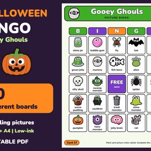 Può includere: Una cartella di gioco Bingo di Halloween intitolata Gooey Ghouls con una griglia 5x5 di icone animate tra cui una zucca, una mummia, un teschio e un ragno. Il set PDF stampabile include 50 tabelloni e 40 immagini in formato Letter e A4.