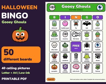 May include: A Halloween Bingo game card titled Gooey Ghouls featuring a 5x5 grid of cartoon icons including a pumpkin, mummy, skull, and spider. The printable PDF set includes 50 different boards and 40 calling pictures in Letter and A4 sizes.