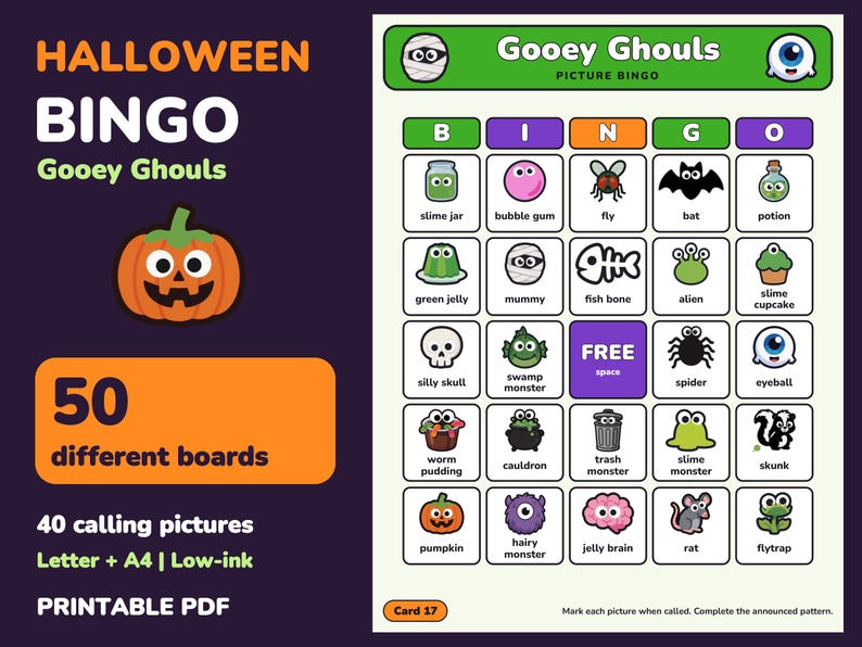 Halloween Picture Bingo Printable, 50 Gooey Ghouls Boards for Kids image 1