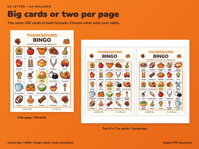 Printbare Thanksgiving Bingo-kaart, 100 afbeeldingen met bingoleiders en markers. afbeelding 6