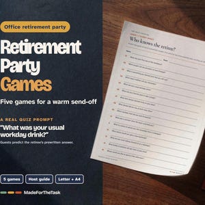 May include: A retirement party game sheet titled Who knows the retiree? with a list of questions, placed next to a wooden pencil. The text includes Office retirement party, Retirement Party Games, and Five games for a warm send-off.