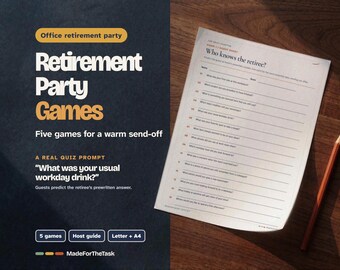 May include: A retirement party game sheet titled Who knows the retiree? with a list of questions, placed next to a wooden pencil. The text includes Office retirement party, Retirement Party Games, and Five games for a warm send-off.