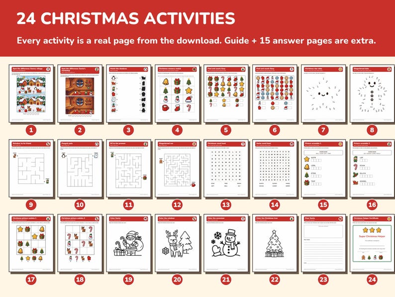 Christmas Activity Pack for Kids Printable, 24 Games and Coloring Pages image 2