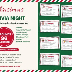 Könnte beinhalten: Ein druckbares Christmas Trivia Night Quiz-Set mit 8 Runden und 96 Fragen. Das Design umfasst rot-grüne Zuckerstangen-Ränder, einen großen roten Kreis mit Text und acht einzelne Quizblätter mit Multiple-Choice-Fragen.