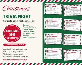 Könnte beinhalten: Ein druckbares Christmas Trivia Night Quiz-Set mit 8 Runden und 96 Fragen. Das Design umfasst rot-grüne Zuckerstangen-Ränder, einen großen roten Kreis mit Text und acht einzelne Quizblätter mit Multiple-Choice-Fragen.