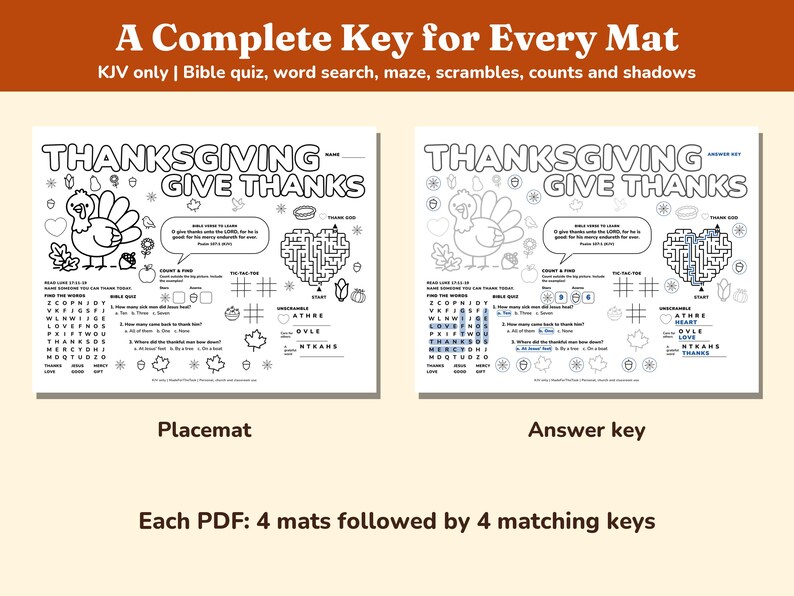 Thanksgiving Bible Activity Placemats Printable, 4 KJV Sunday School Mats image 4