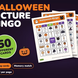 Bingo di Halloween con immagini stampabili, 50 cartelle per bambini e gioco di memoria immagine 1