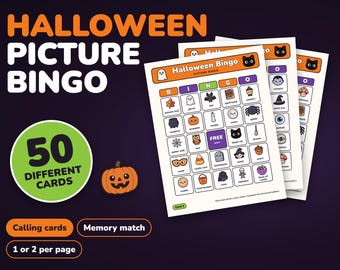 May include: Halloween Picture Bingo game set featuring 50 different cards, calling cards, and memory match options. The cards display a grid of colourful Halloween-themed icons like ghosts, pumpkins, and black cats with text labels.