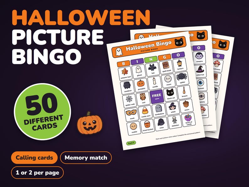 Bingo di Halloween con immagini stampabili, 50 cartelle per bambini e gioco di memoria immagine 1