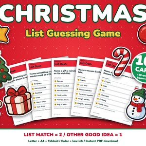 Christmas Game Printable, List Guessing Game, 100 Cards for Family Teams image 1