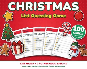 Könnte beinhalten: Ein Weihnachts-Listen-Ratespiel-Set mit 100 Karten und einer Bonusrunde mit 10 Fragen. Das Spiel enthält bedruckte Blätter mit Listen von Aufforderungen und nummerierten Antworten, verziert mit Illustrationen von Stern, Baum, Geschenk, Zuckerstange, Schneemann und Rentier.
