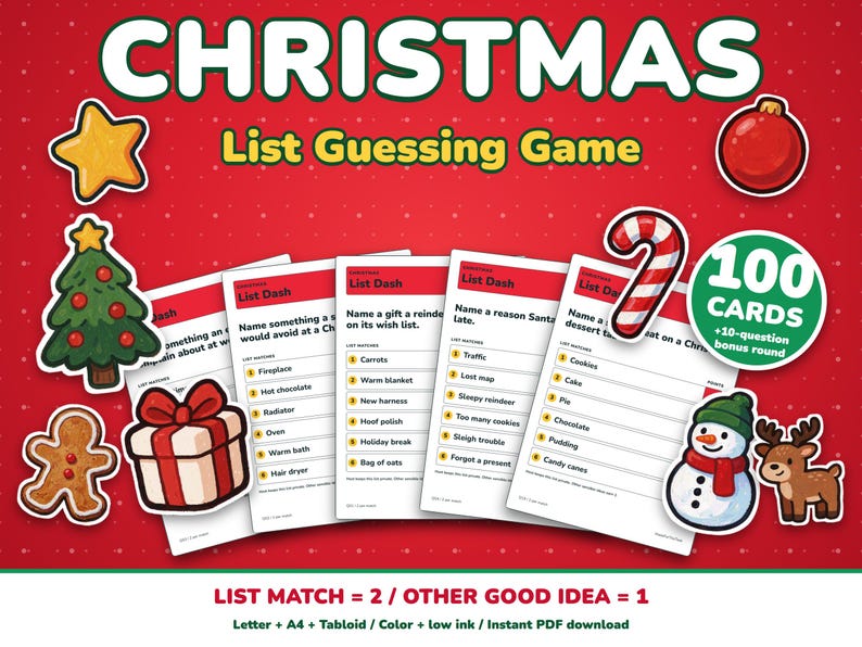 Christmas Game Printable, List Guessing Game, 100 Cards for Family Teams image 1