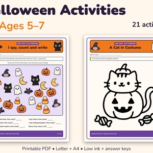 May include: Two printable activity sheets titled Halloween Activities for Ages 5-7. The left sheet features an I spy, count and write game with colorful icons of ghosts, cats, pumpkins, and candy. The right sheet shows a cat in a pumpkin costume.