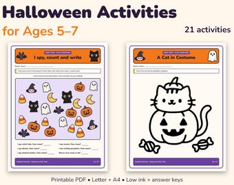 Puede incluir: Dos hojas de actividades imprimibles tituladas Halloween Activities for Ages 5-7. La hoja izquierda presenta un juego de contar con iconos coloridos de fantasmas, gatos, calabazas y dulces. La derecha muestra un gato con un disfraz.
