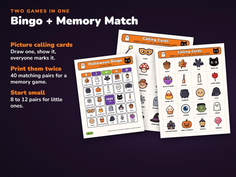 Bingo di Halloween con immagini stampabili, 50 cartelle per bambini e gioco di memoria immagine 4