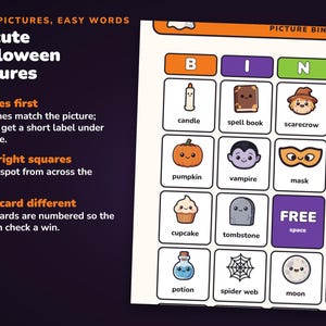 Bingo di Halloween con immagini stampabili, 50 cartelle per bambini e gioco di memoria immagine 3