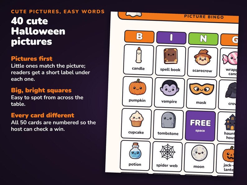Bingo di Halloween con immagini stampabili, 50 cartelle per bambini e gioco di memoria immagine 3