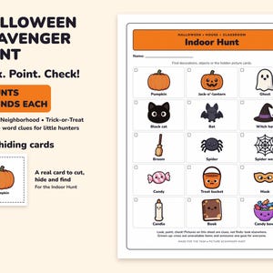 Può includere: Una scheda di attività per la caccia al tesoro di Halloween con il testo Halloween Scavenger Hunt, Indoor Hunt, e una griglia di 15 icone illustrate tra cui una zucca, un fantasma, un gatto nero, un pipistrello, un cappello da strega, una scopa, un ragno, una ragnatela, caramelle, un secchiello, una maschera, una candela, un libro e una ciotola.