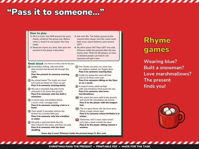 Christmas Pass the Present Game Printable, Left Right Stories and Rhymes image 4