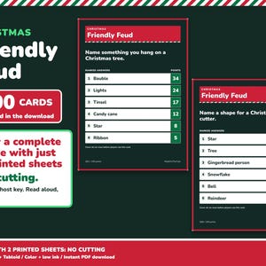 Christmas Friendly Feud Game Printable, 100 Cards for Family Teams image 1