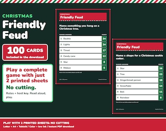 Könnte beinhalten: Ein Christmas Friendly Feud Spielset mit 100 Karten als digitaler Download. Die Karten zeigen Umfragefragen mit bewerteten Antworten und Punktzahlen, die für den Druck auf A4- oder Letter-Papier ohne Schneiden konzipiert sind.