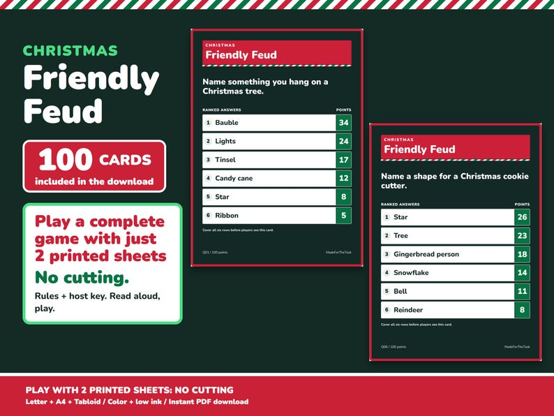 Christmas Friendly Feud Game Printable, 100 Cards for Family Teams image 1