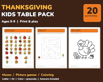 May include: A Thanksgiving kids table pack featuring 20 activities including I spy harvest, turkey trail maze, and color a turkey pages. The printable set includes games, mazes, and coloring sheets with orange headers on a dark brown background.