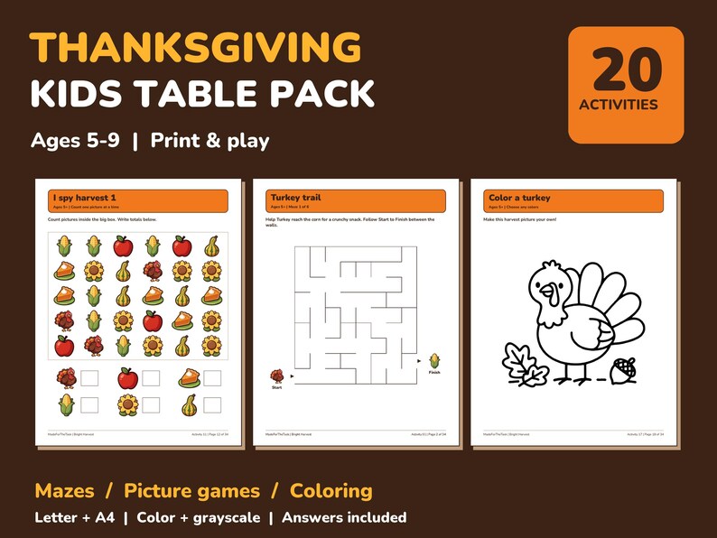 Thanksgiving Activity Pack for Kids Printable, 20 Games and Coloring Pages image 1