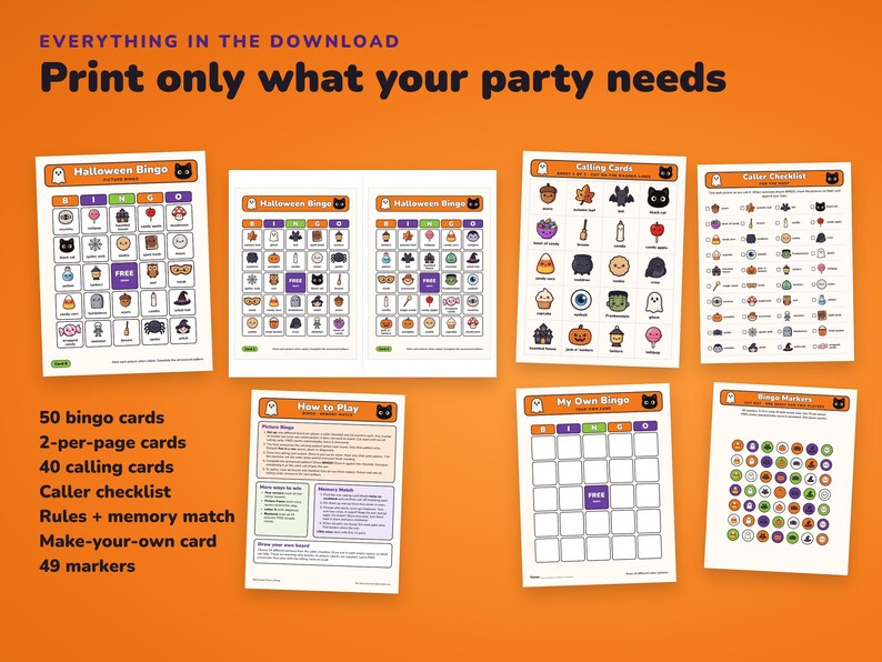 Bingo di Halloween con immagini stampabili, 50 cartelle per bambini e gioco di memoria immagine 2