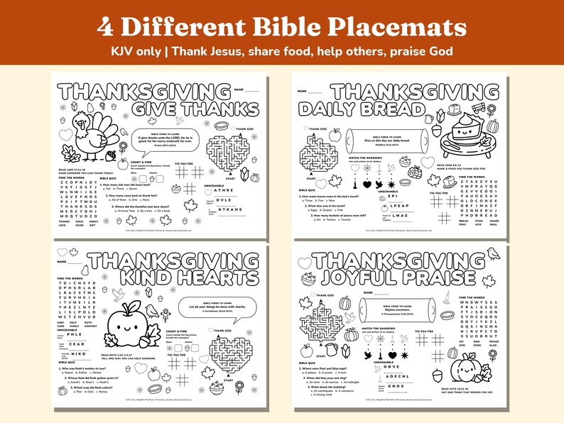 Thanksgiving Bible Activity Placemats Printable, 4 KJV Sunday School Mats image 2