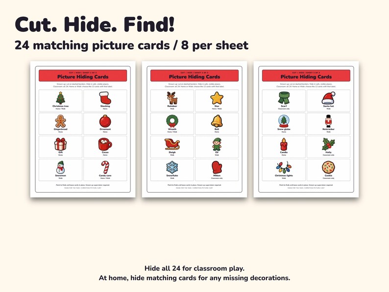 Chasse au trésor de Noël à imprimer, 3 chasses aux images pour enfants avec 24 cartes image 4