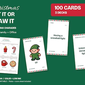 Christmas Charades Printable, Act It or Draw It, 100 Cards in 3 Decks image 1