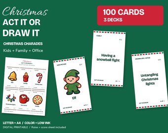 Könnte beinhalten: Ein Weihnachts-Charades-Spiel Act It or Draw It mit 100 Karten in 3 Decks. Das Set enthält ein druckbares Blatt mit Illustrationen von Glocke, Kerze, Zuckerstange, Lichterkette, Kakao und Keks sowie einzelne Karten mit einem Elf, Text für eine Schneeballschlacht und das Entwirren von Lichterketten.