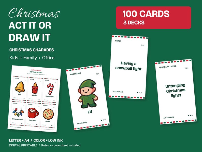 Christmas Charades Printable, Act It or Draw It, 100 Cards in 3 Decks image 1