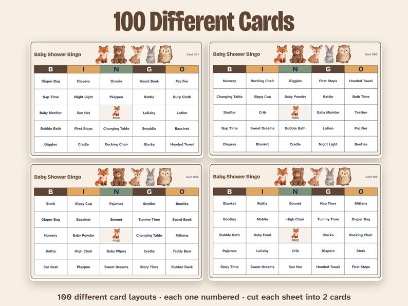 Woodland Baby Shower Bingo, 100 Prefilled Cards and Gift Bingo (Printable) image 4