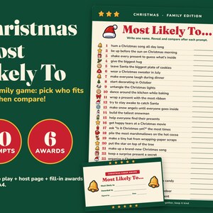 May include: A Christmas Most Likely To family game set on a dark green background. The game sheet features 30 prompts with festive icons, a title, and lines for names. A smaller award card is included, with text indicating 30 prompts and 6 awards.