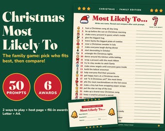 Peut inclure: Un jeu de famille Christmas Most Likely To sur fond vert foncé. La feuille de jeu présente 30 questions avec des icônes festives, un titre et des lignes pour les noms. Une petite carte de récompense est incluse, avec 30 questions et 6 prix.