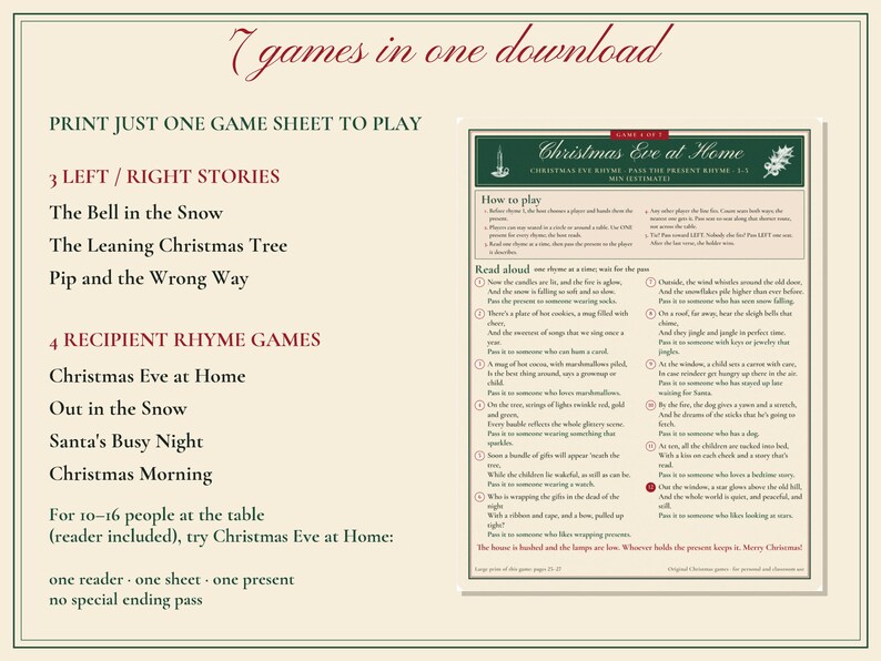 Christmas Pass the Present Game Printable, 7 Left Right & Rhyme Games image 2