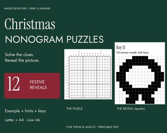 Könnte beinhalten: Eine digitale Grafik für Weihnachts-Nonogramm-Rätsel auf dunkelgrünem Hintergrund mit weißem Text. Sie zeigt ein leeres Gitterrätsel, eine schwarz-weiße Auflösung eines Weihnachtskranzes und ein rotes Feld mit der Aufschrift 12 Festive Reveals.