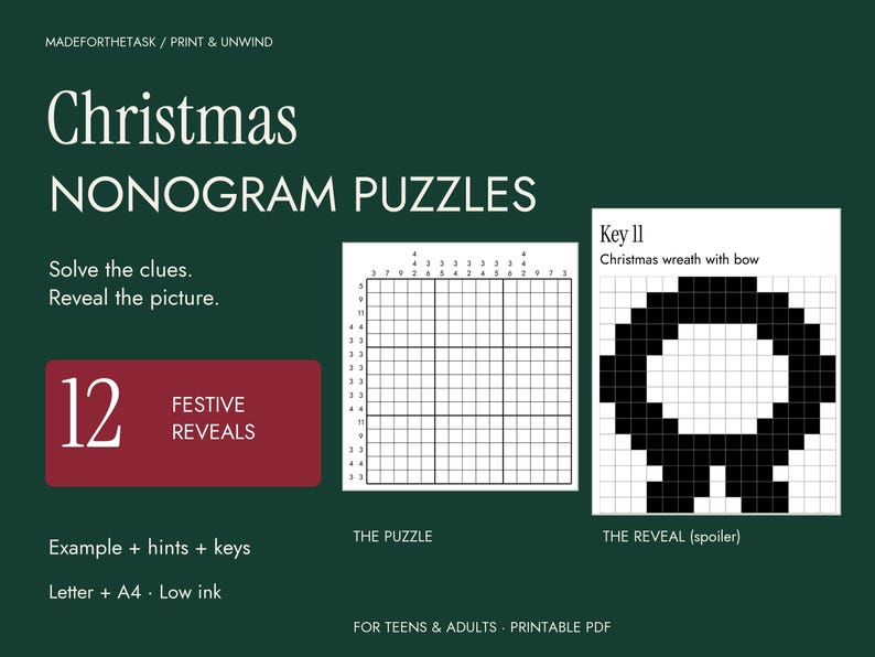 Christmas Nonogram Puzzles Printable, 12 Picture Logic Puzzles with Hints image 1