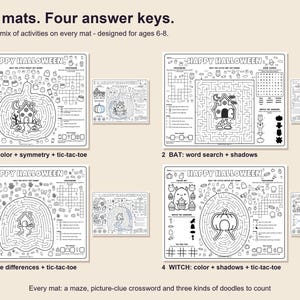 Halloween Activity Placemats Printable, 4 Different Kids Mats with Answer Keys image 4