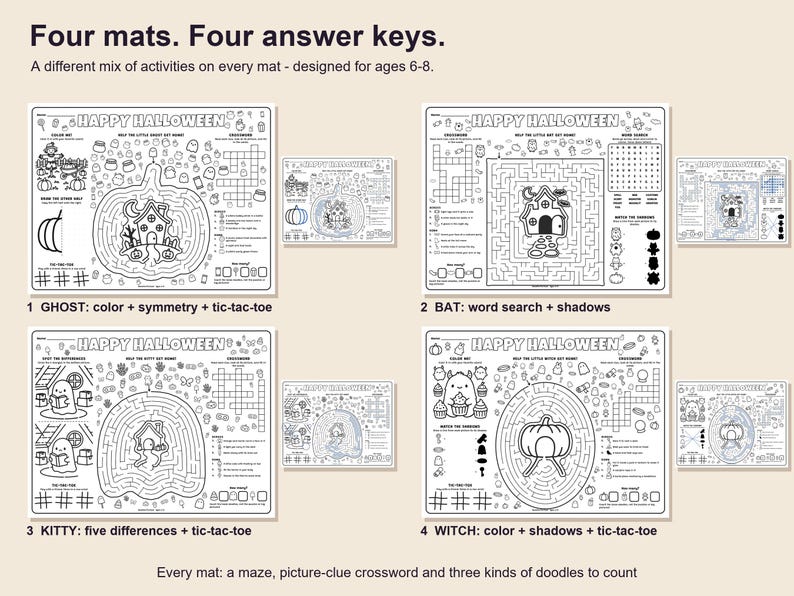 Halloween Activity Placemats Printable, 4 Different Kids Mats with Answer Keys image 4