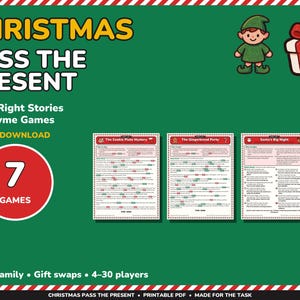 May include: A digital Christmas Pass the Present game set on a green background featuring an elf and a gift box. The text reads Christmas Pass the Present, 3 Left Right Stories, 4 Rhyme Games, 7 Games, and Kids, Family, Gift swaps, 4-30 players.